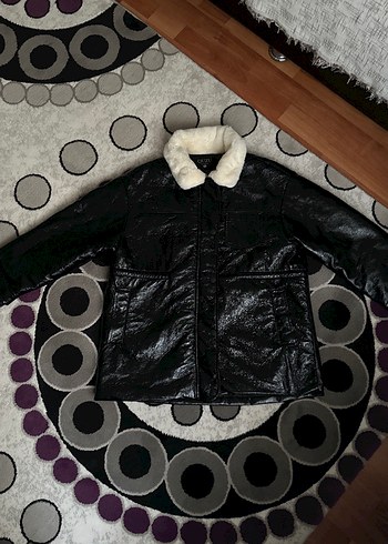 Siyah Deri Biker Ceket, Düğmeli, Strappy Kollu - Görsel 5