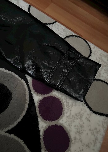 Siyah Deri Biker Ceket, Düğmeli, Strappy Kollu - Görsel 7