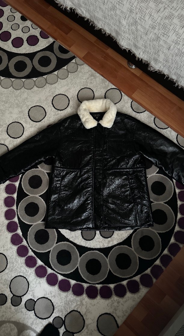 Siyah Deri Biker Ceket, Düğmeli, Strappy Kollu - Görsel 5