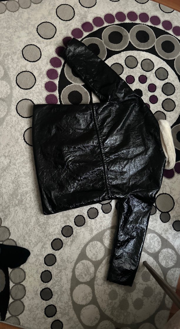 Siyah Deri Biker Ceket, Düğmeli, Strappy Kollu - Görsel 3