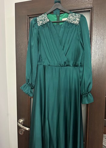 Yeşil Uzun Kollu Drapeli Abiye Elbise - Görsel 2