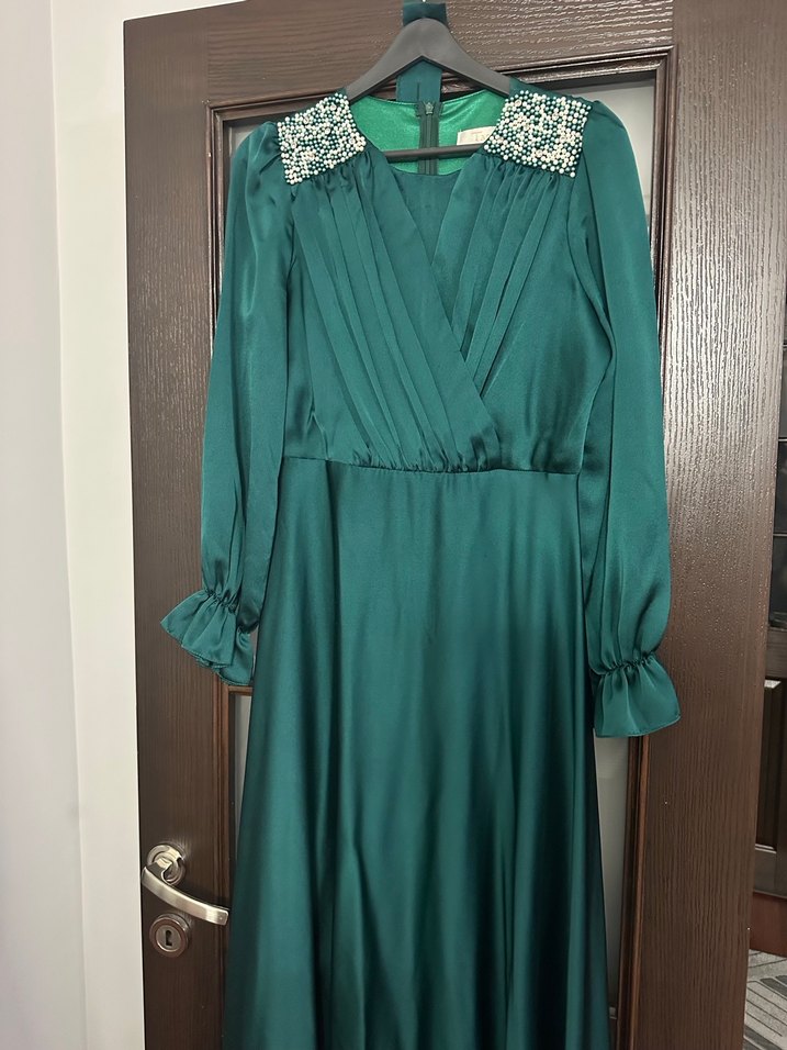 Yeşil Uzun Kollu Drapeli Abiye Elbise - Görsel 2