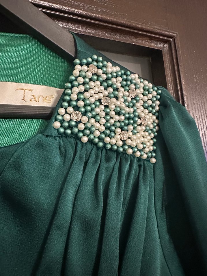 Yeşil Uzun Kollu Drapeli Abiye Elbise - Görsel 5