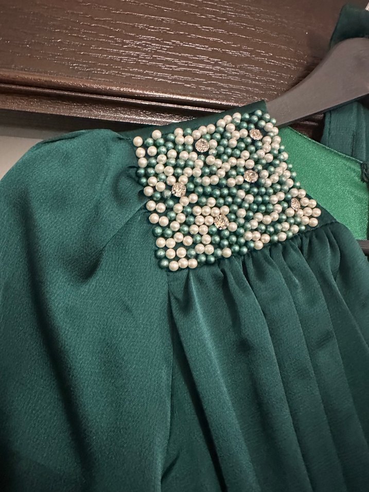 Yeşil Uzun Kollu Drapeli Abiye Elbise - Görsel 4