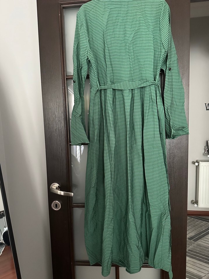 Yeşil Uzun Keten Kadın Elbise - Görsel 5