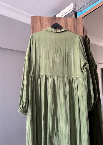 Yeşil Uzun Pliseli Keten Elbise - Görsel 4