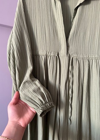 Yeşil Uzun Pliseli Keten Elbise - Görsel 5