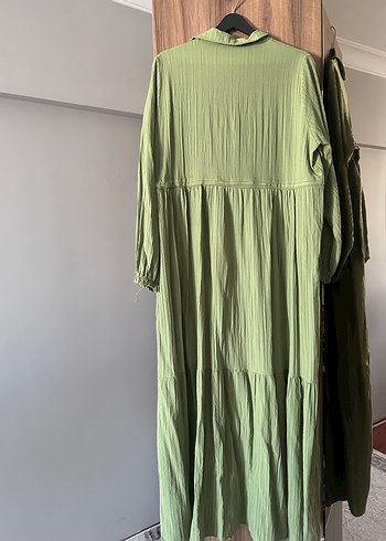 Yeşil Uzun Pliseli Keten Elbise - Görsel 3
