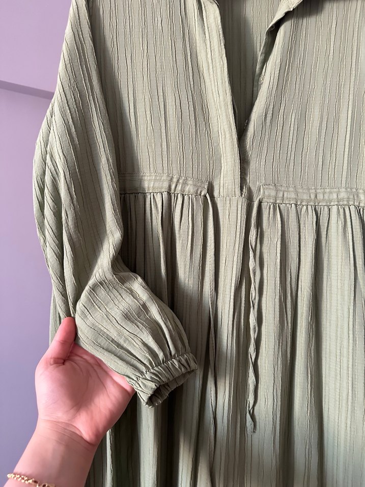 Yeşil Uzun Pliseli Keten Elbise - Görsel 5