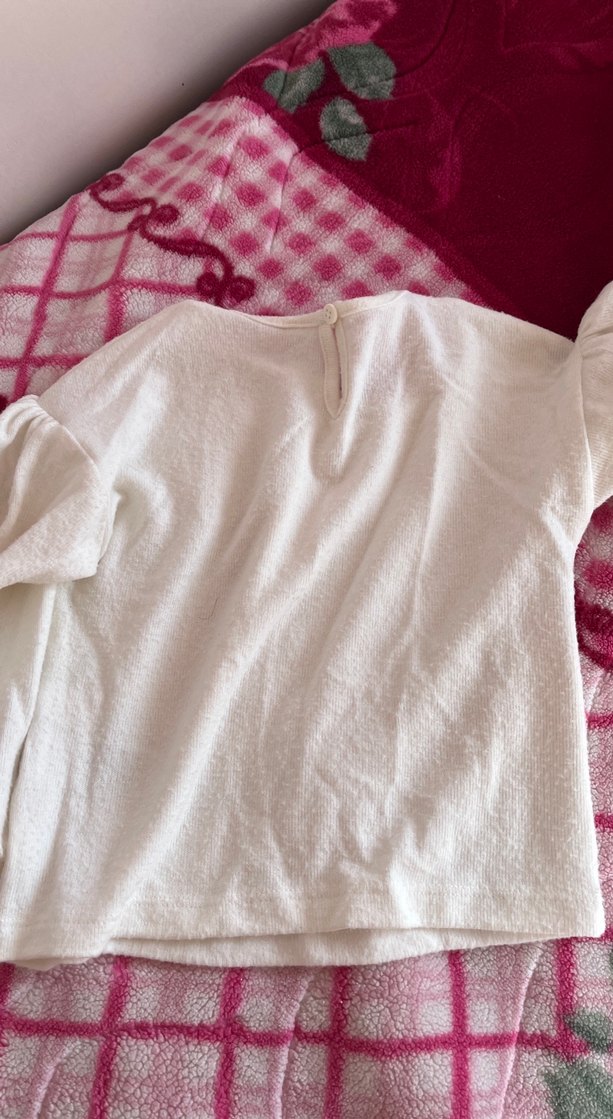 Kız Çocuk Beyaz Keten Uzun Kollu Tişört - Görsel 4