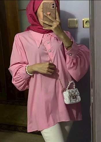 Pembe Mini Düğmeli Kadın Gömlek ve şal