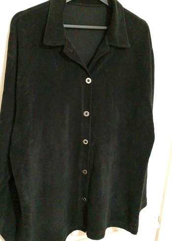 Düğmeli Siyah kadife Uzun Kollu Kadın Gömlek - Görsel 2