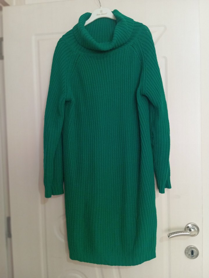 Kadın Uzun Yeşil Boğazlı Triko Kazak - Görsel 3