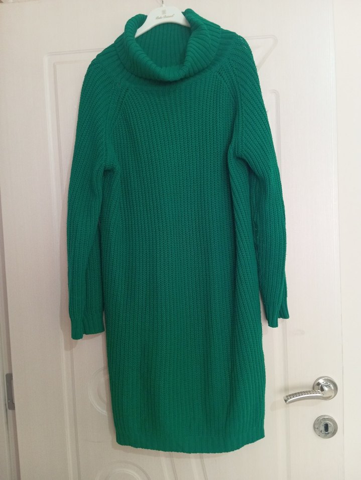 Kadın Uzun Yeşil Boğazlı Triko Kazak - Görsel 2