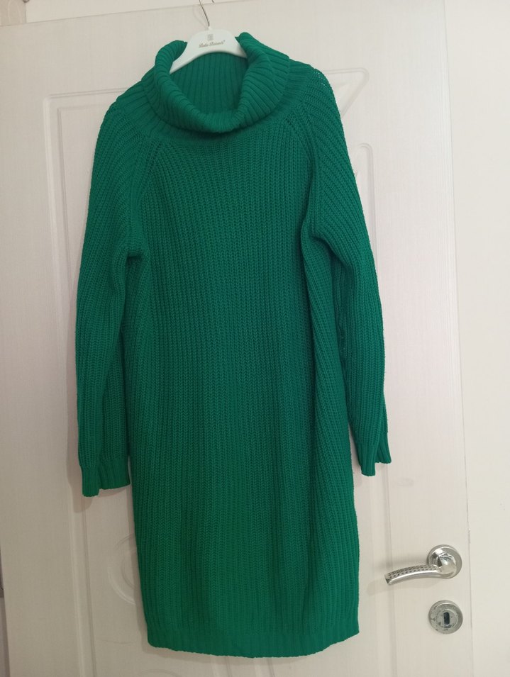 Kadın Uzun Yeşil Boğazlı Triko Kazak - Görsel 4