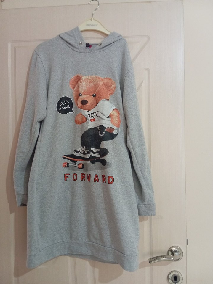 Gri Kapüşonlu Uzun Kollu Sweatshirt - Görsel 2