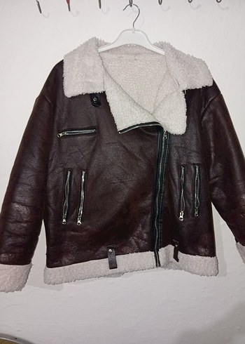 Kürk Detaylı Kahverengi Deri Biker Ceket