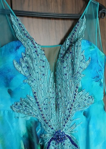 Boncuk İşlemeli Turkuaz V Yakalı Uzun Abiye - Görsel 7