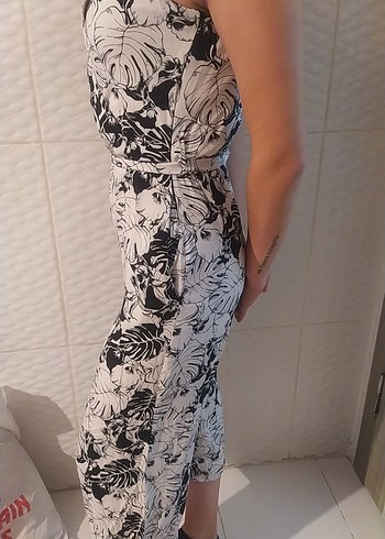 Beyaz Gri Desenli Askısız Bol Kesim Tulum - Görsel 2