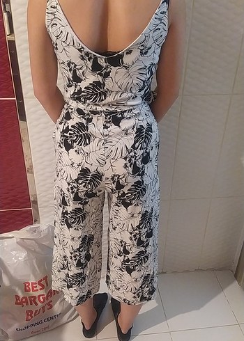 Beyaz Gri Desenli Askısız Bol Kesim Tulum - Görsel 3