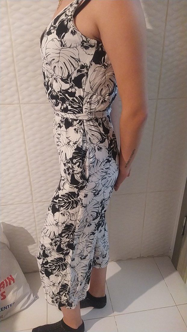 Beyaz Gri Desenli Askısız Bol Kesim Tulum - Görsel 2