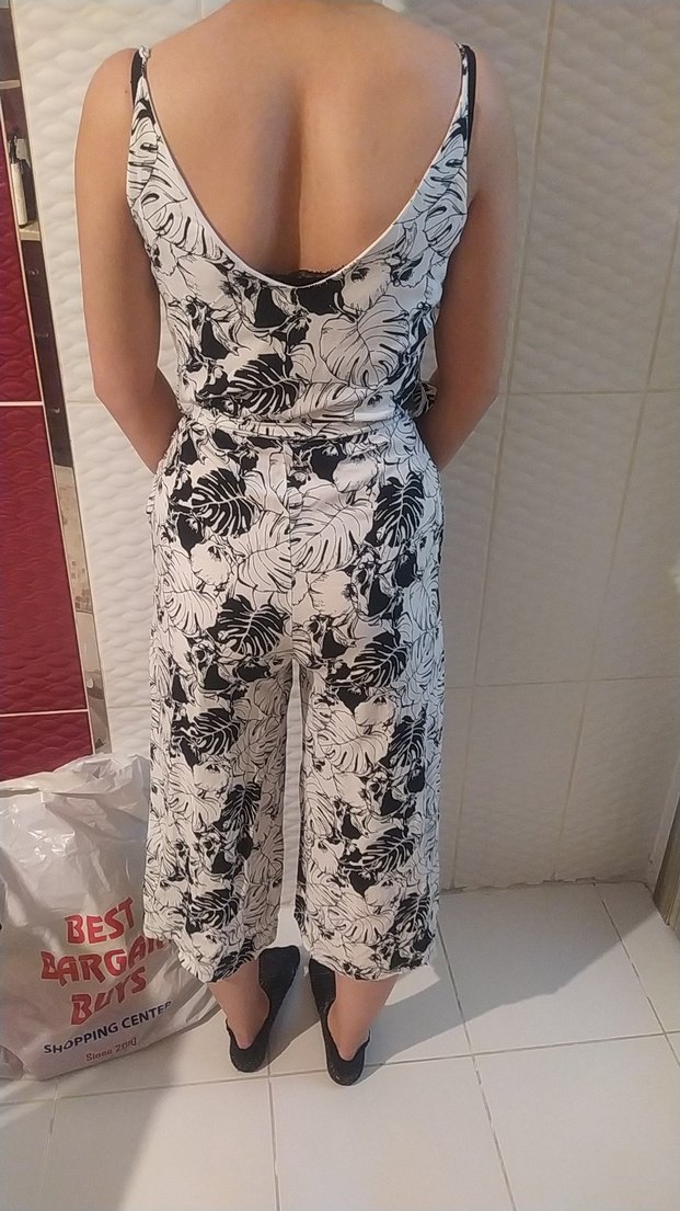 Beyaz Gri Desenli Askısız Bol Kesim Tulum - Görsel 3