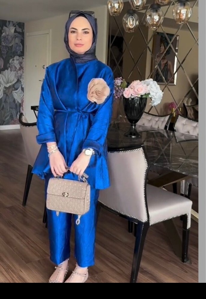 Kadın Mavi İpek Görünümlü Drapeli Takım - Görsel 2