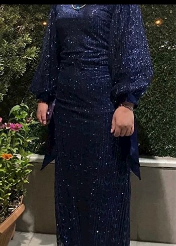 Lacivert Yılan Desenli Uzun Abiye Elbise 42 uyumlu - Görsel 2