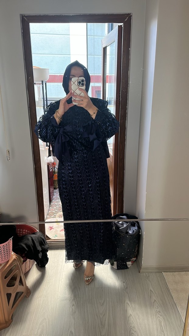 Lacivert Yılan Desenli Uzun Abiye Elbise 42 uyumlu - Görsel 3