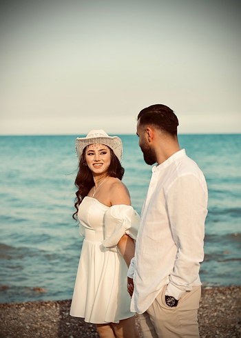 Abiye Beyaz Straplez Mini Bohem Gelinlik