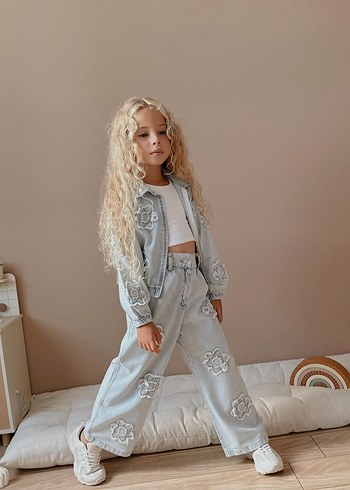 Diğer Nakışlı Dantel Detaylı Gri Denim Kız Eşofman