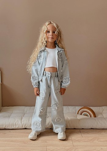 7 Yaş Beden gri Renk Nakışlı Dantel Detaylı Gri Denim Kız Eşofman