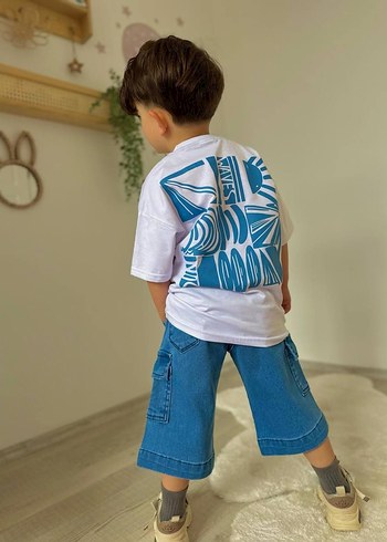 Diğer Erkek Çocuk Beyaz Bağlama Desenli Denim Şort takım kapri