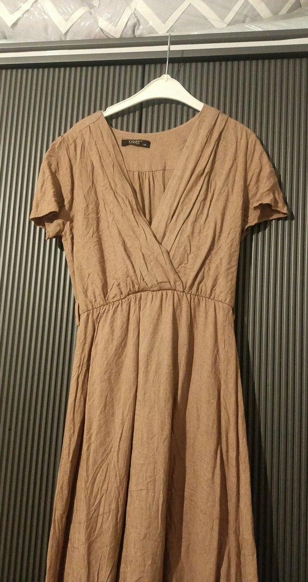 Bej Keten Salaş Uzun Hamile Elbisesi - Görsel 2