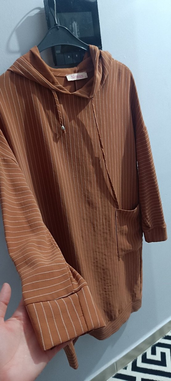 Kahverengi Uzun Kol Kapüşonlu Kadın Tunik - Görsel 3