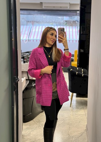 Zara Pembe Ekose Düğmeli Kadın Blazer