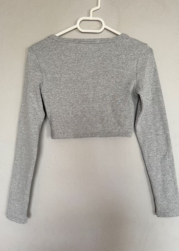 Gri Uzun Kollu Crop Top - Görsel 3