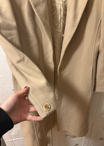 Bej Uzun Keten Kadın Klasik Ceket - Görsel 5