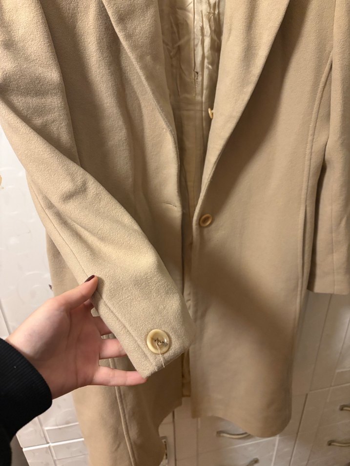 Bej Uzun Keten Kadın Klasik Ceket - Görsel 5