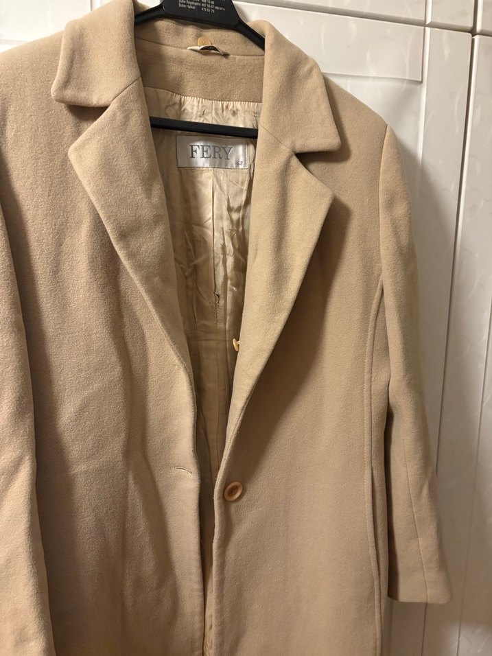 Bej Uzun Keten Kadın Klasik Ceket - Görsel 4