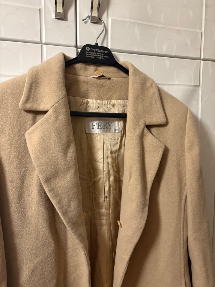 Bej Uzun Keten Kadın Klasik Ceket - Görsel 3