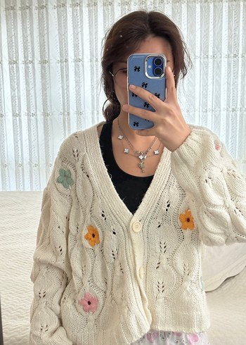 Nakışlı Beyaz Örgü Bohem Hırka - Görsel 5