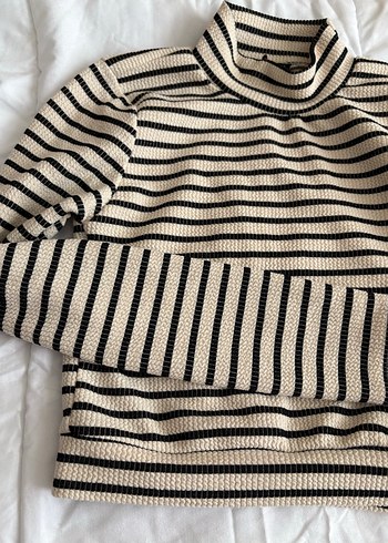 Bej Gri Çizgili Boğazlı Kadın bluz - Görsel 5