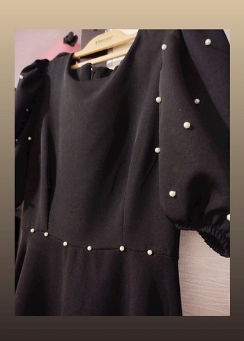 Siyah çocuk Elbise, Kısa Kollu, İnci Detaylı - Görsel 2