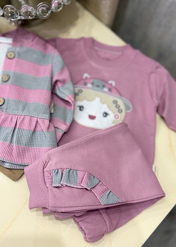 Pembe Baskılı Uzun Kollu Bebek Kız Takımı - Görsel 2