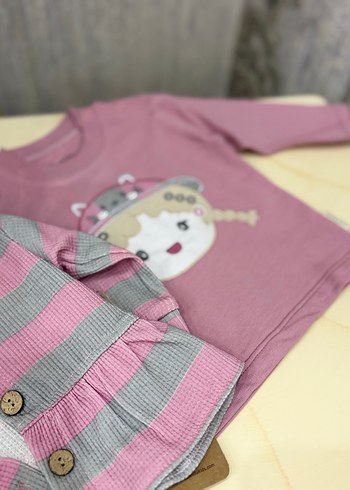 Pembe Baskılı Uzun Kollu Bebek Kız Takımı - Görsel 4