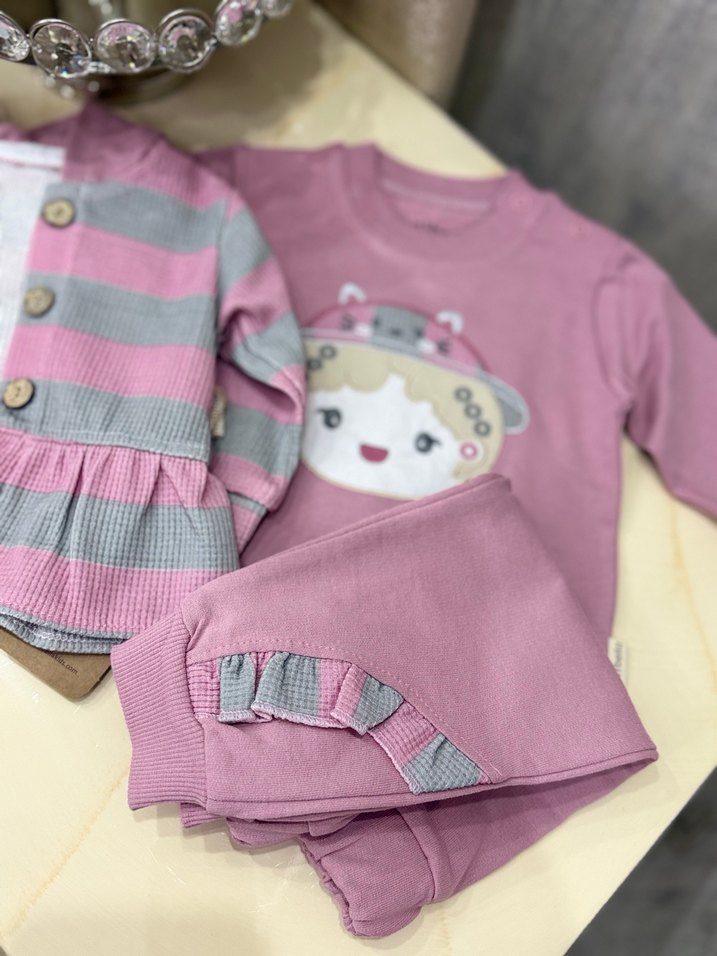 Pembe Baskılı Uzun Kollu Bebek Kız Takımı - Görsel 2