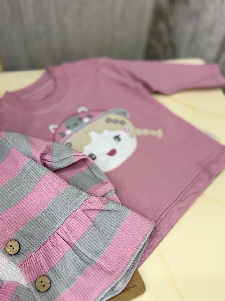 Pembe Baskılı Uzun Kollu Bebek Kız Takımı - Görsel 4