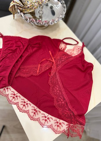 Bordo Dantel Detaylı Bohem Mini Kadın Pijama Takımı - Görsel 2