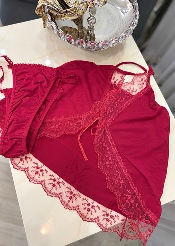 Bordo Dantel Detaylı Bohem Mini Kadın Pijama Takımı - Görsel 3